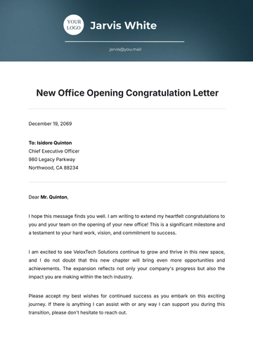 Free New Office Opening Congratulation Letter Template to Edit Online