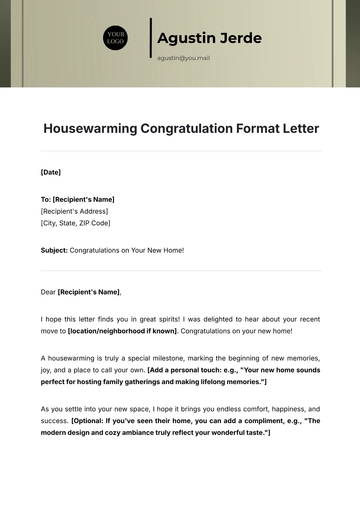 Free Housewarming Congratulation Format Letter Template to Edit Online