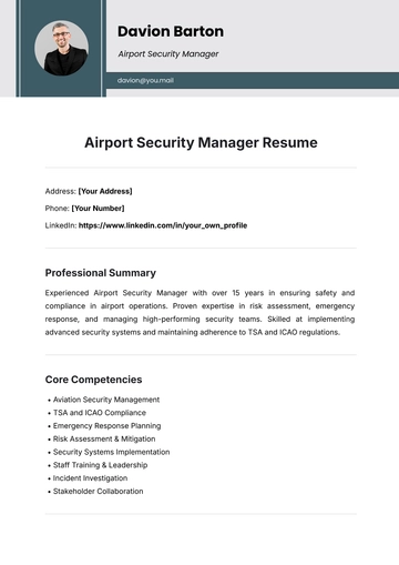 Free Airport Security Manager Resume Template to Edit Online