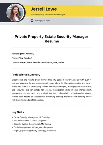 Free Private Property Estate Security Manager Resume Template to Edit Online