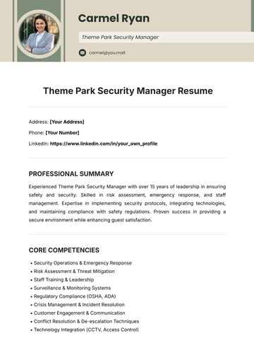 Free Theme Park Security Manager Resume Template to Edit Online