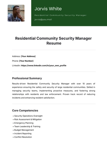 Free Residential Community Security Manager Resume Template to Edit Online