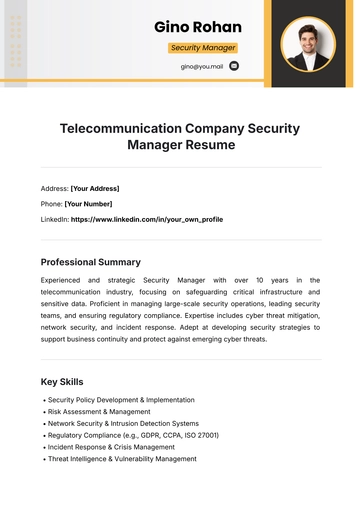 Free Telecommunication Company Security Manager Resume Template to Edit Online