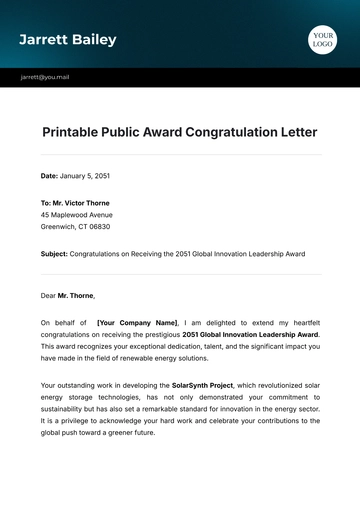 Free Printable Public Award Congratulation Letter Template to Edit Online