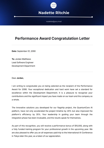 Free Performance Award Congratulation Letter Template to Edit Online