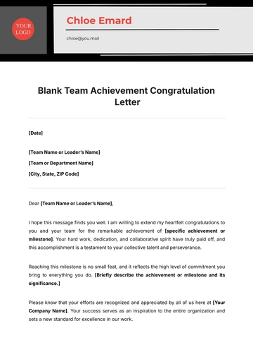 Free Blank Team Achievement Congratulation Letter Template to Edit Online
