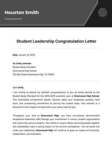 Free Student Leadership Congratulation Letter Template to Edit Online