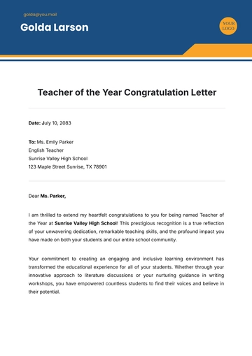 Free Teacher of the Year Congratulation Letter Template to Edit Online