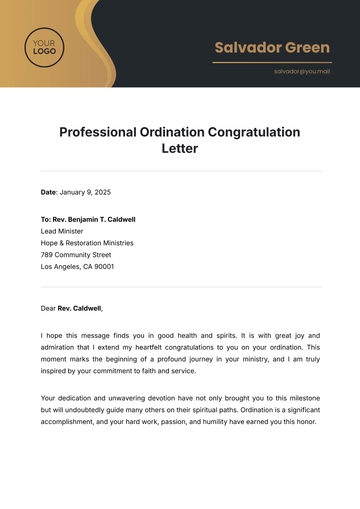 Free Professional Ordination Congratulation Letter Template to Edit Online