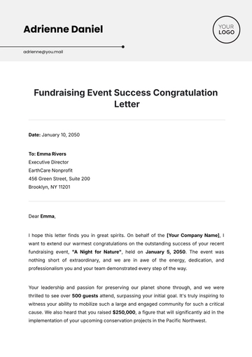 Free Fundraising Event Success Congratulation Letter Template to Edit Online