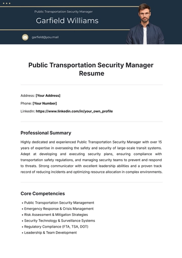 Free Public Transportation Security Manager Resume Template to Edit Online