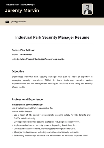 Free Industrial Park Security Manager Resume Template to Edit Online