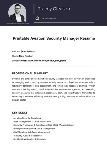 Free Printable Aviation Security Manager Resume Template to Edit Online