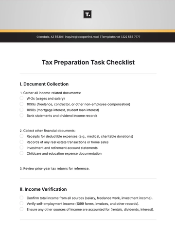 Free Tax Preparation Task Checklist Template to Edit Online