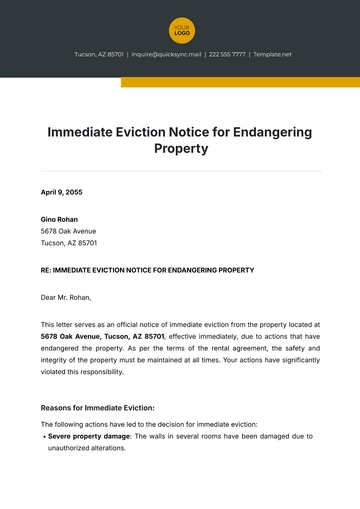 Free Immediate Eviction Notice for Endangering Property Template to Edit Online
