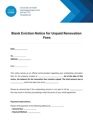 Free Blank Eviction Notice for Unpaid Renovation Fees Template to Edit Online