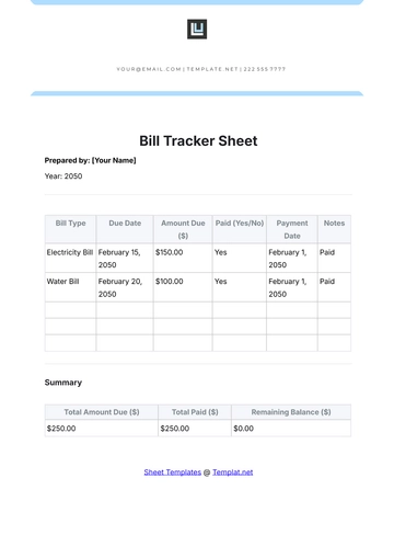Free Bill Tracker Sheet Template to Edit Online