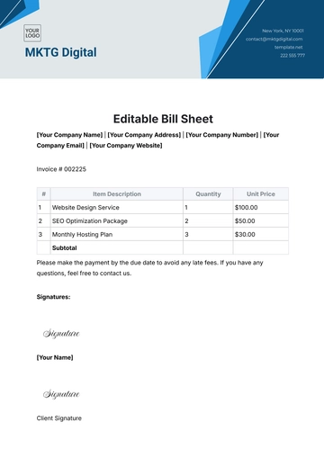 Free Editable Bill Sheet Template to Edit Online