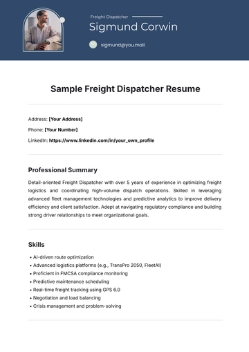 Free Sample Freight Dispatcher Resume Template to Edit Online