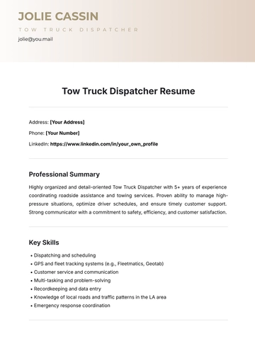 Free Tow Truck Dispatcher Resume Template to Edit Online