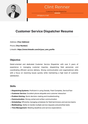 Free Customer Service Dispatcher Resume Template to Edit Online