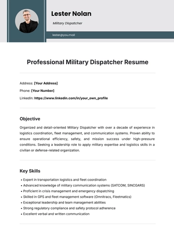 Free Professional Military Dispatcher Resume Template to Edit Online