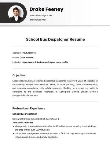 Free School Bus Dispatcher Resume Template to Edit Online