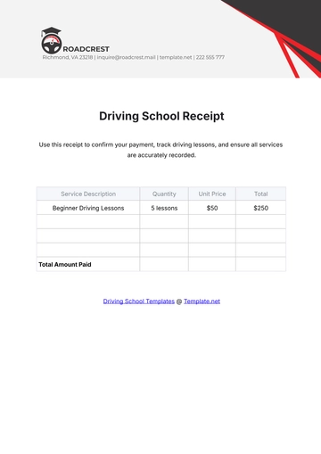 Free Driving School Receipt Template to Edit Online