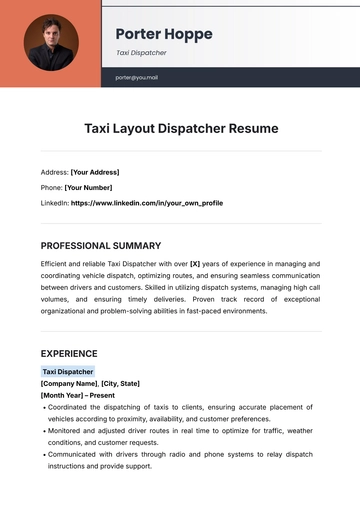 Free Taxi Layout Dispatcher Resume Template to Edit Online