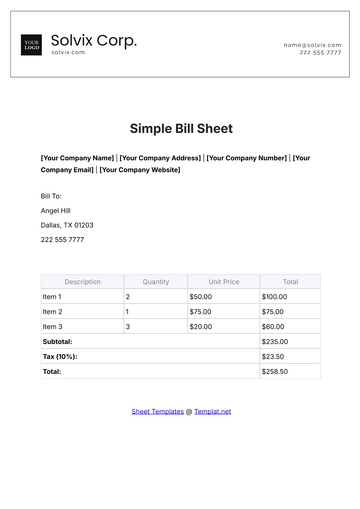 Free Simple Bill Sheet Template to Edit Online