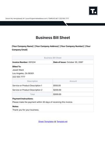 Free Business Bill Sheet Template to Edit Online