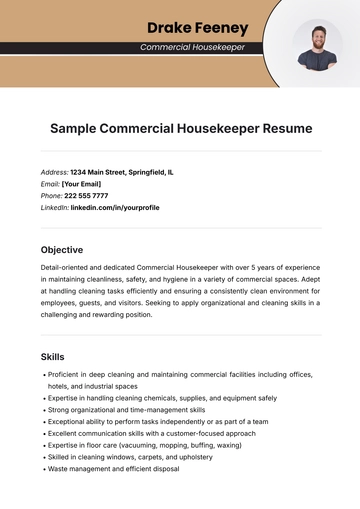 Free Sample Commercial Housekeeper Resume Template to Edit Online