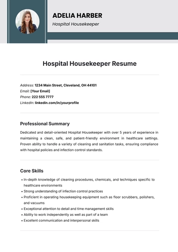 Free Hospital Housekeeper Resume Template to Edit Online