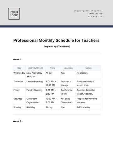 Free Professional Monthly Schedule for Teachers Template to Edit Online