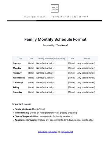 Free Family Monthly Schedule Format Template to Edit Online