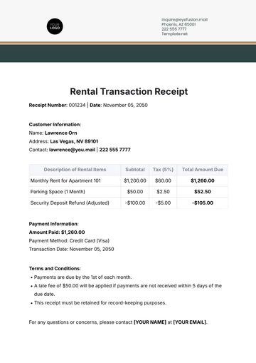 Free Rental Transaction Receipt Template to Edit Online