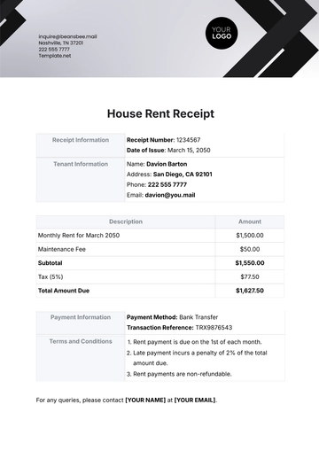 Free House Rent Receipt Template to Edit Online