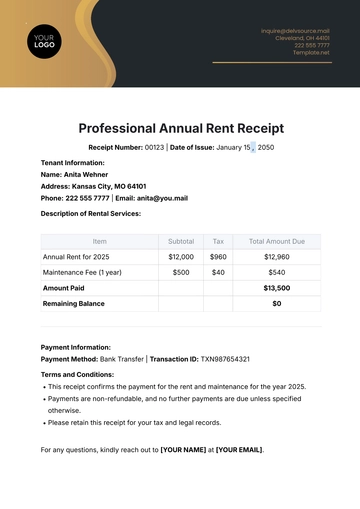 Free Professional Annual Rent Receipt Template to Edit Online