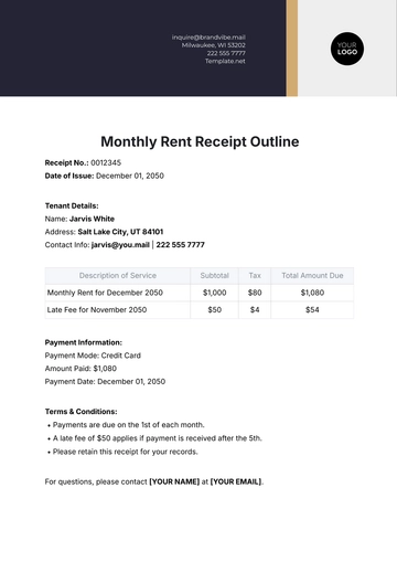 Free Monthly Rent Receipt Outline Template to Edit Online