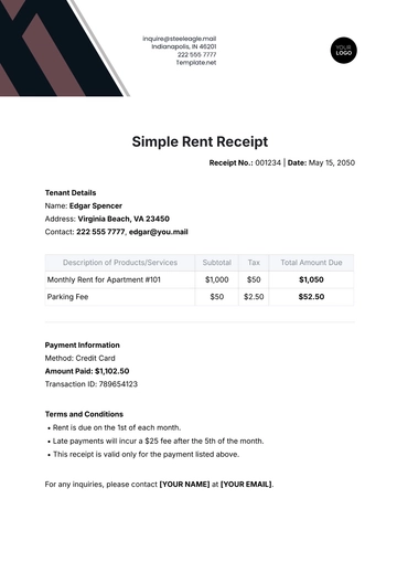Free Simple Rent Receipt Template to Edit Online