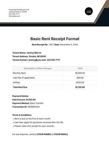 Free Basic Rent Receipt Format Template to Edit Online