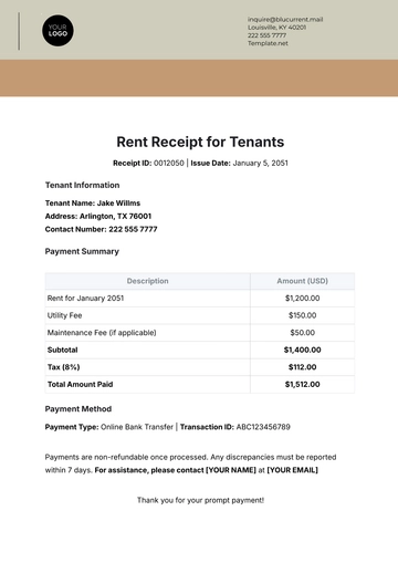 Free Rent Receipt for Tenants Template to Edit Online