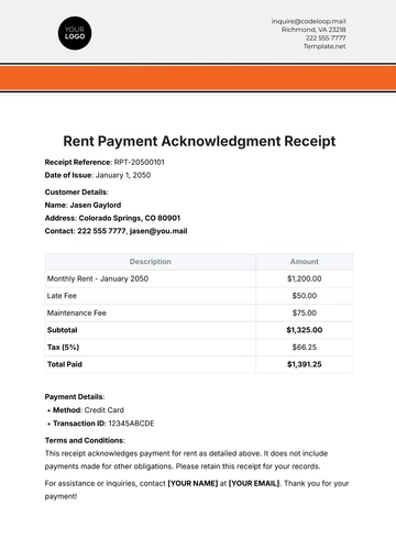 Free Rent Payment Acknowledgment Receipt Template to Edit Online