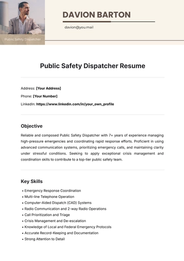 Free Public Safety Dispatcher Resume Template to Edit Online