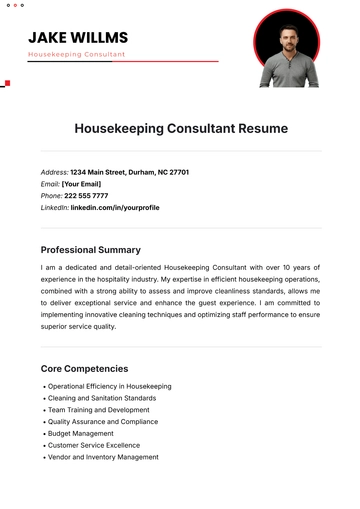 Free Housekeeping Consultant Resume Template to Edit Online