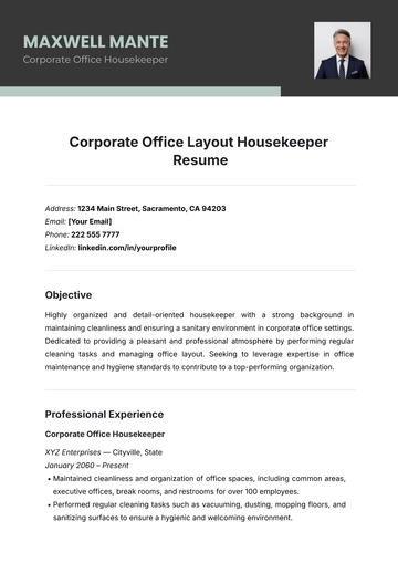 Free Corporate Office Layout Housekeeper Resume Template to Edit Online