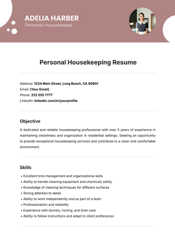 Free Personal Housekeeping Resume Template to Edit Online