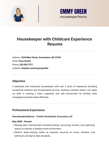 Free Housekeeper with Childcare Experience Resume Template to Edit Online