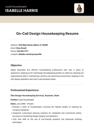 Free On-Call Design Housekeeping Resume Template to Edit Online