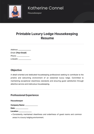 Free Printable Luxury Lodge Housekeeping Resume Template to Edit Online